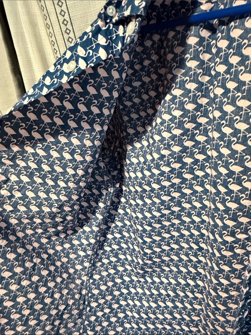 J. Crew Navy Short-Sleeve Button-Down with Pink Flamingo Print